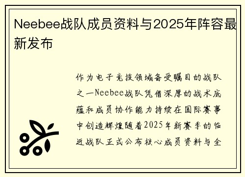Neebee战队成员资料与2025年阵容最新发布